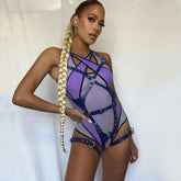 Contrast Suspender Strap Crisscross Mesh Bodysuit - Purple